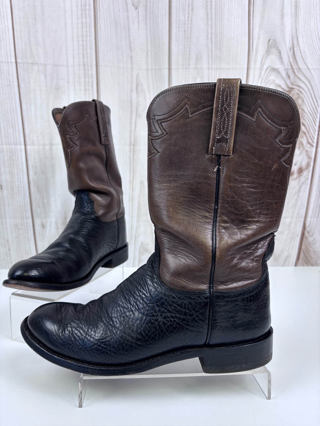 Vintage Lucchese 2000 Two-Tone Leather Western Cowboy Boots Black Brown Sz 8ee